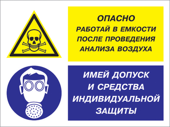 Кз 90 опасно - работай в емкости после проведения анализа воздуха. имей допуск и средства индивидуальной защиты. (пластик, 600х400 мм) - Знаки безопасности - Комбинированные знаки безопасности - магазин "Охрана труда и Техника безопасности"